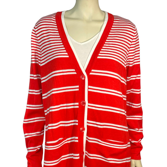 Isaac Mizrahi Sz L Long Duster Cardigan V-Neck Long Sleeve Red/White Stripe New - Picture 4 of 11